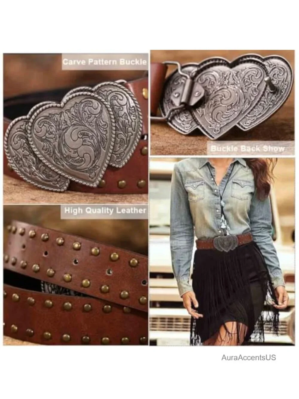 Y2K Punk Western Wide Faux Leather Belt with Heart Buckle for Jeans